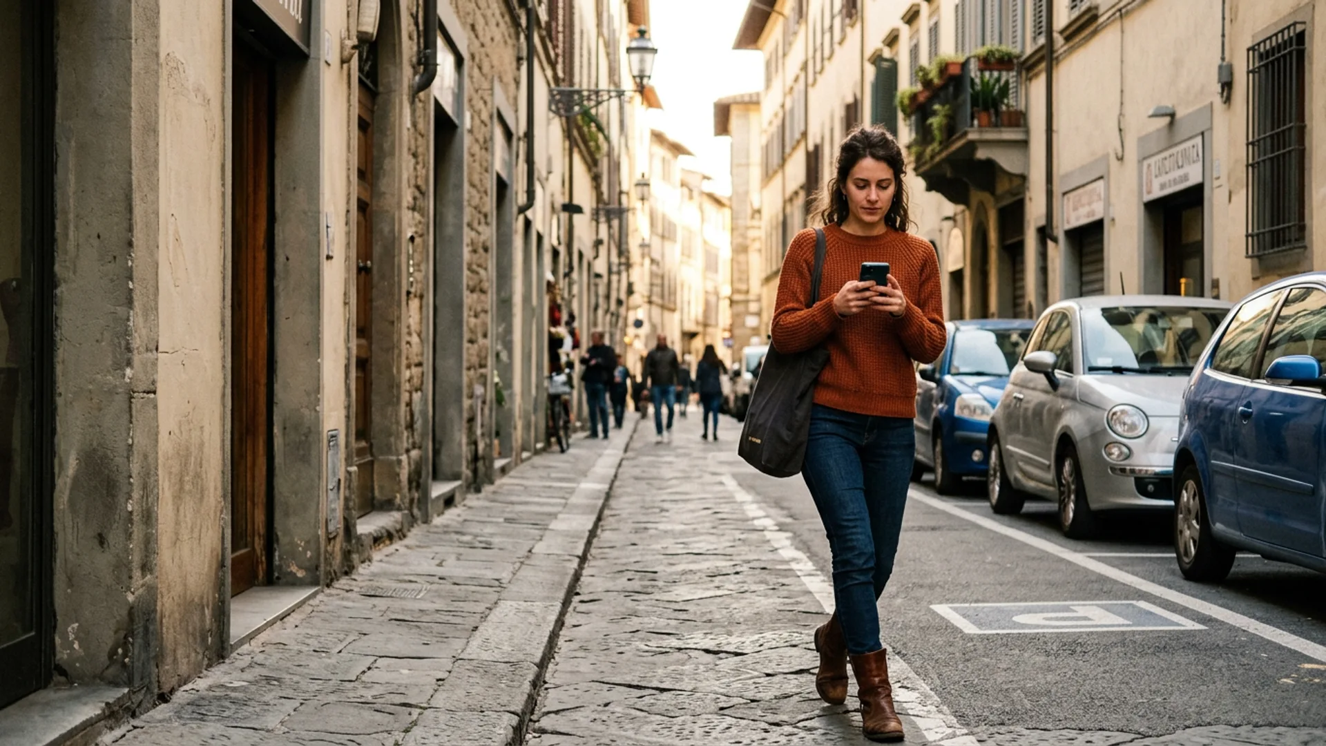Person using phone near a parking spot on a city street